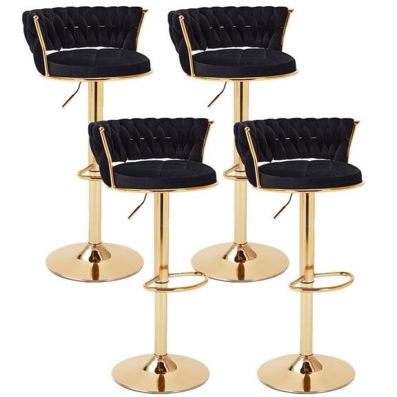 VECELO Velvet Bar Stools Set of 4, Modern Swivel Adjustable Counter Height Kitchen Bar Chairs with Woven Back for Dining Room Pub Island, Black