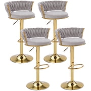 VECELO Velvet Bar Stools Set of 4, Modern Swivel Adjustable Counter Height Kitchen Bar Chairs with Woven Back for Dining Room Pub Island, Light Gray