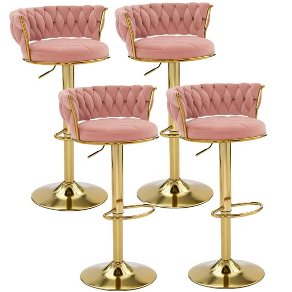 VECELO Velvet Bar Stools Set of 4, Modern Swivel Adjustable Counter Height Kitchen Bar Chairs with Woven Back for Dining Room Pub Island, Pink