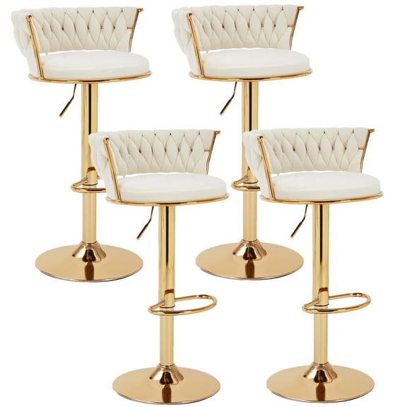 VECELO Velvet Bar Stools Set of 4, Modern Swivel Adjustable Counter Height Kitchen Bar Chairs with Woven Back, for Dining Room Pub Island, White