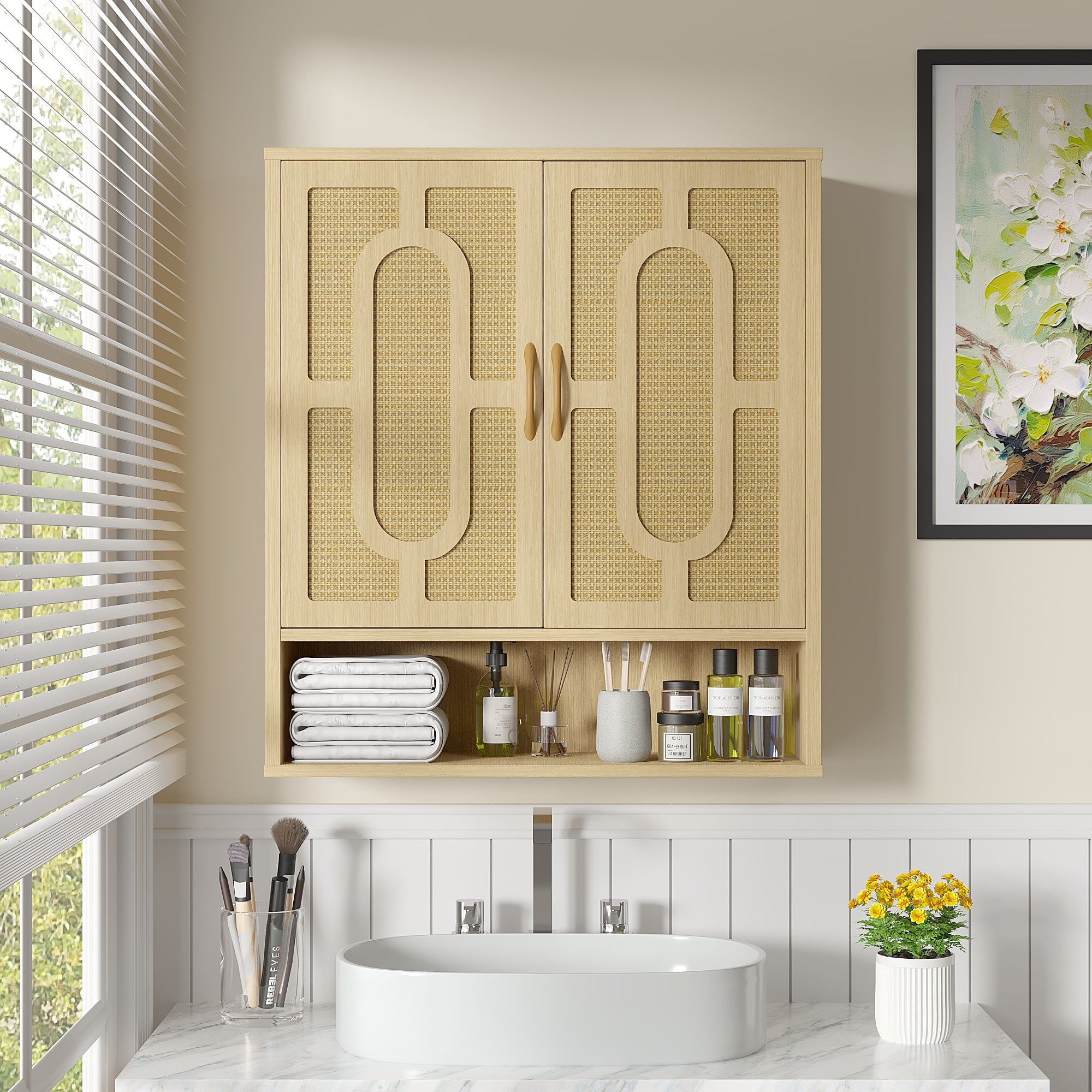 VECELO Wall Storage Cabinet, Medicine Cabinet with Adjustable Wood Shelf & Double Doors, Over The Toilet Storage Cabinet for Bathroom, Kitchen, Natural