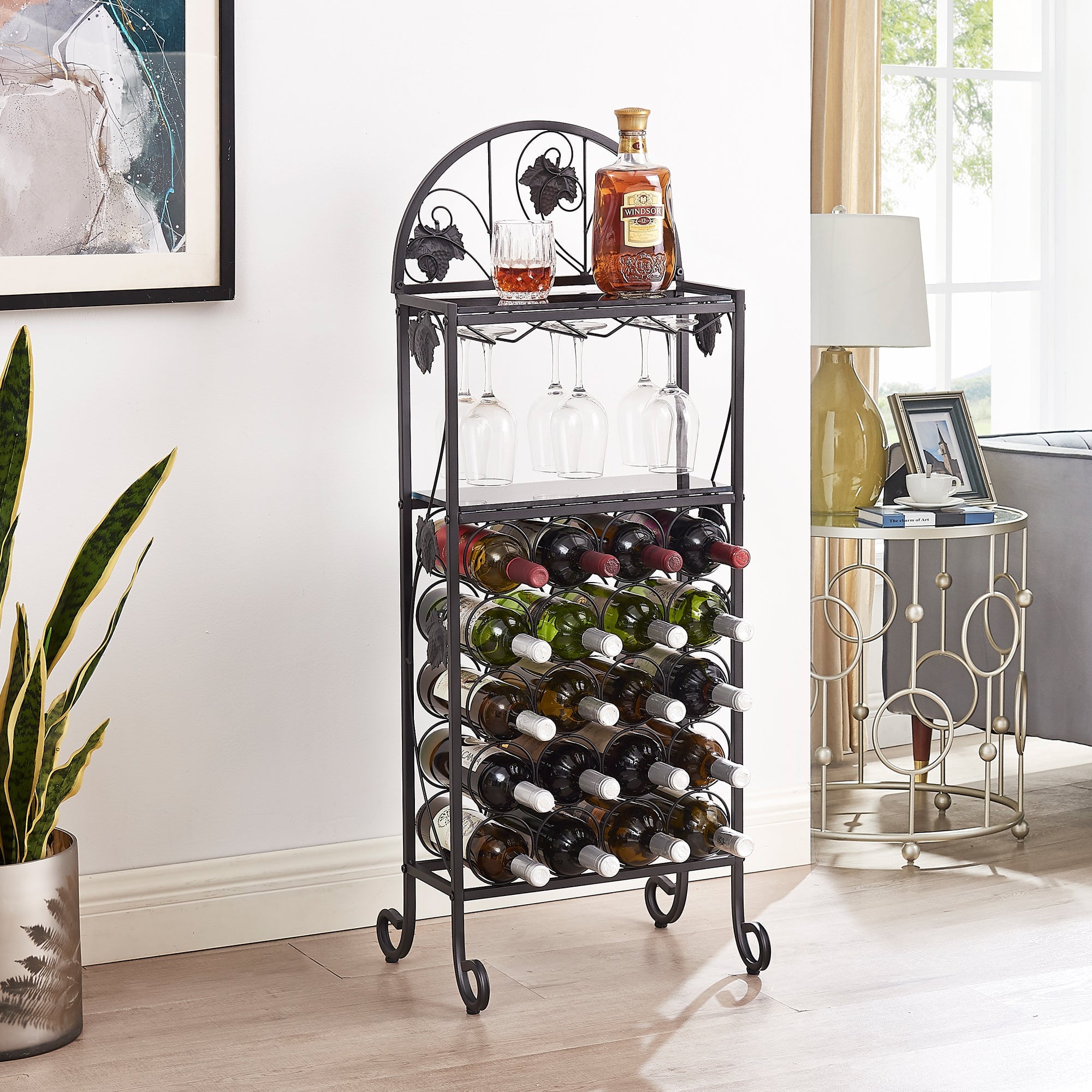 VECELO Wine Rack, Free Standing Wine Display Shelves with Glass Holder  Rack, Open Shelf & 20 Bottles Holder, Wobble-Free Wine Bottle Organizer  Shelf