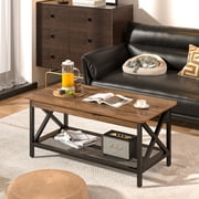 VECELO Wood Coffee Table, Industrial Style Rectangle Table with Storage Mesh Shelf for Living Room, Easy Assembly, Rustic Brown