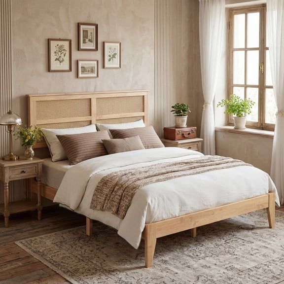 VECELO Wooden Queen Size Bed with with Rattan Headboard for Adult, Enhanced by Support, Oak