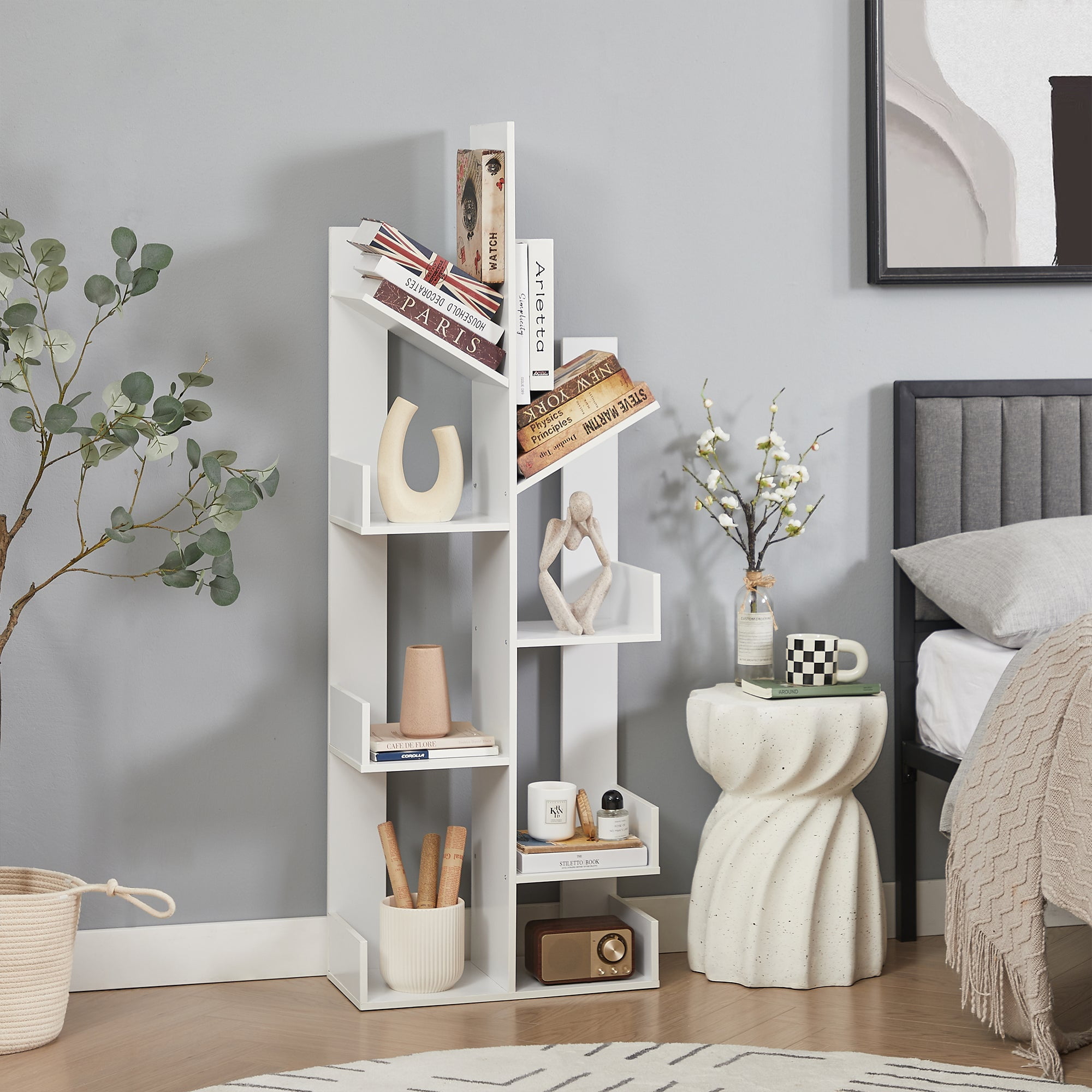 VECELO Wooden TreeShaped Bookcase, Modern Freestanding Bookshelf with