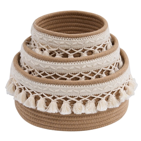 VECELO Woven Storage Basket Set of 3, Boho Cotton Rope Basket for Organizing, Decorative Storage Bins, White & Jute