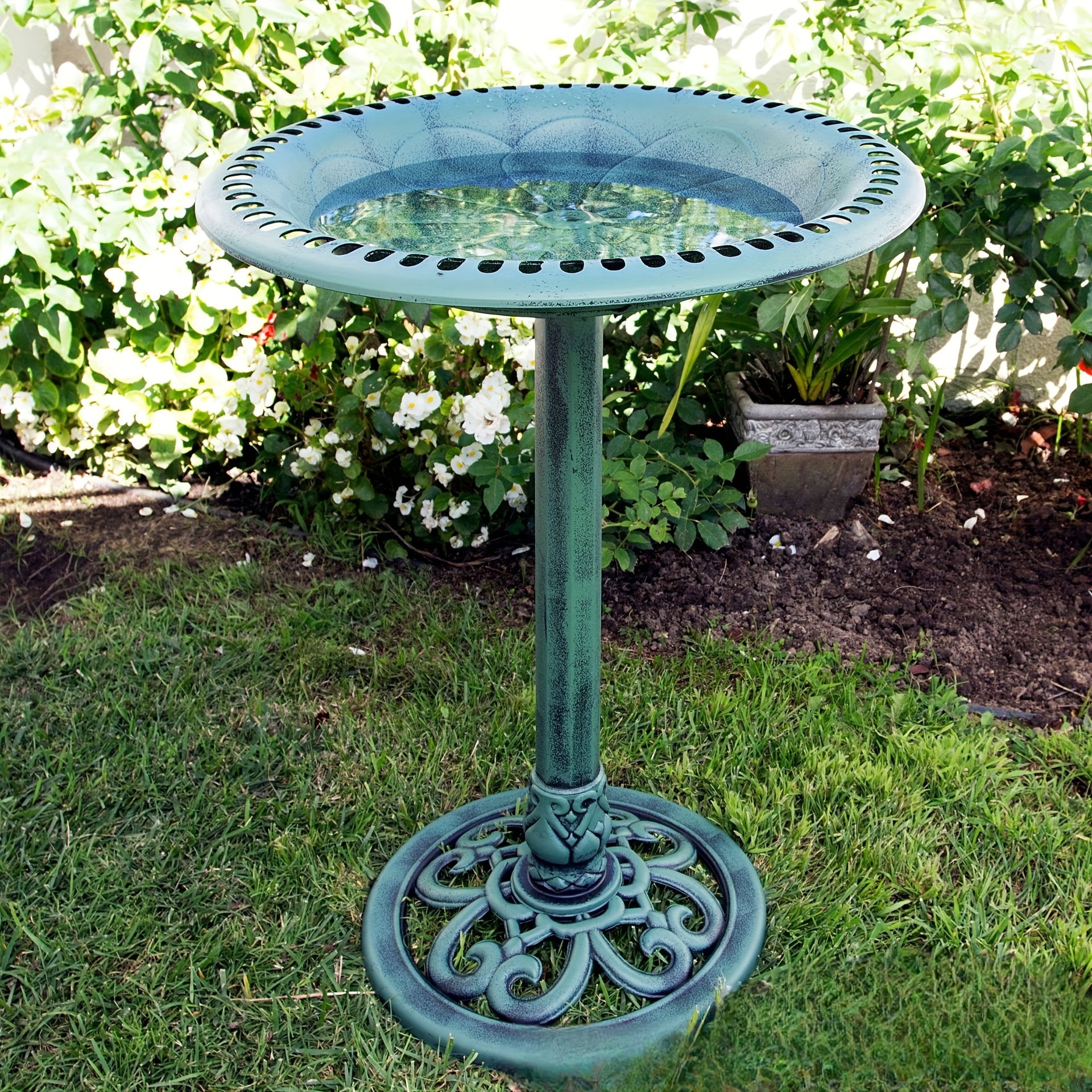 Green Plastic Scrollwork Bird Bath with Stand