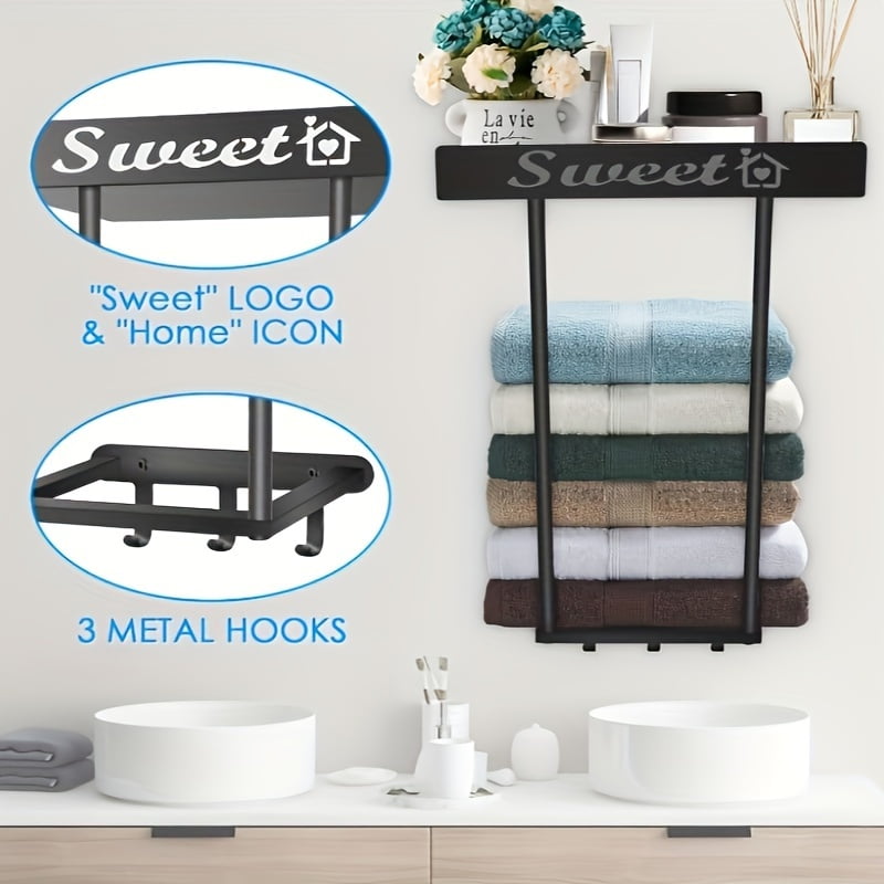 Bathroom Towel Rack With Shelves - Wall Mounted Towel Holder With 4 Hooks & Floating Shelf