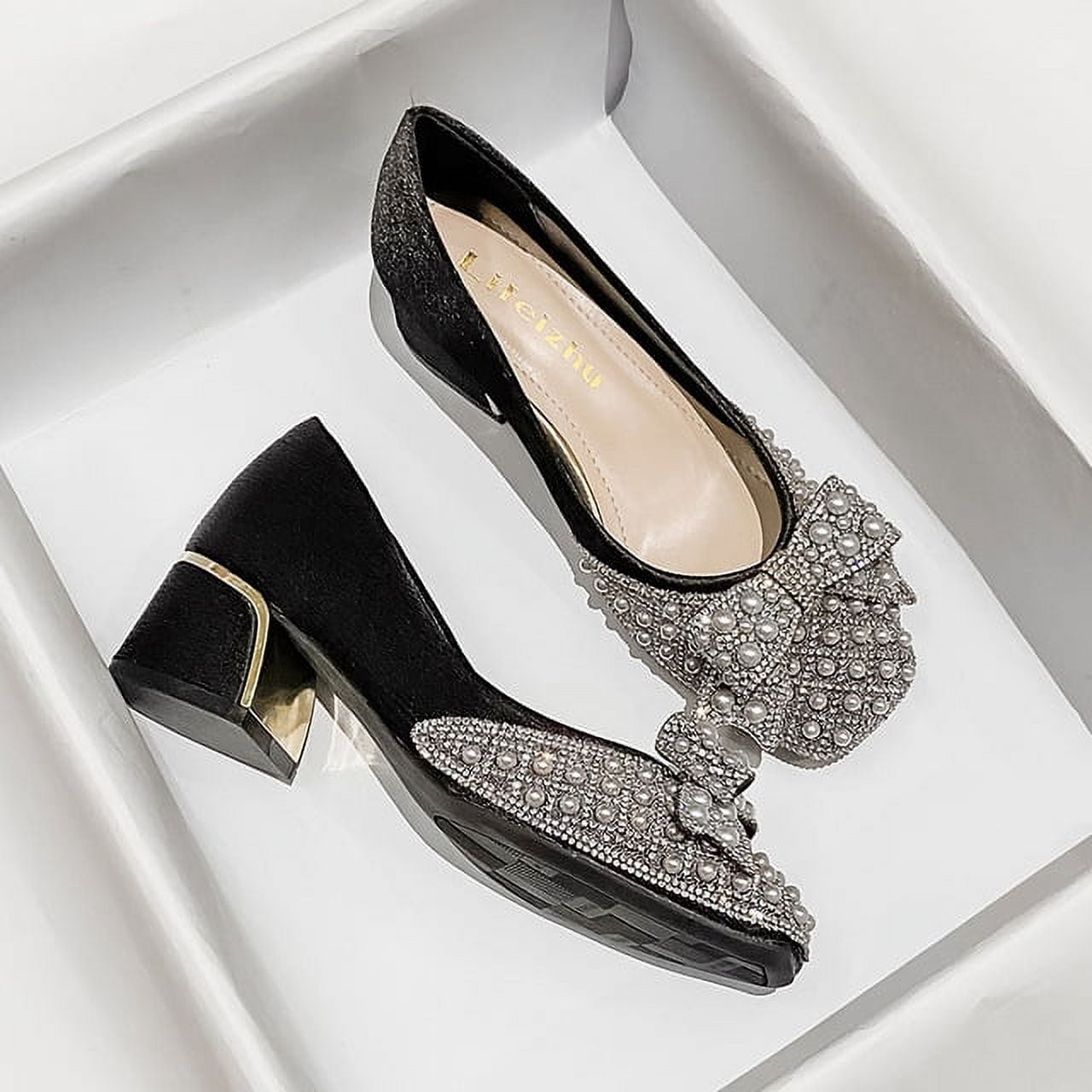 VECPIO Women Luxury Pumps Spring Summer New Party Bowknot Square Casual High Heels Shoes Ladies Rhinestone Pearl Loafers 35-43