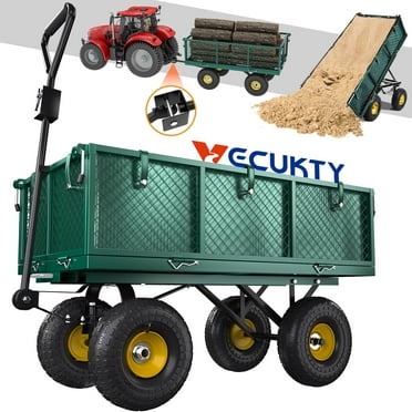 VECUKTY Heavy Duty Steel Dump Garden Cart with Liner, 900lbs Capacity Folding Utility Metal Wagon 3 Cu ft 10" Wheel, Green