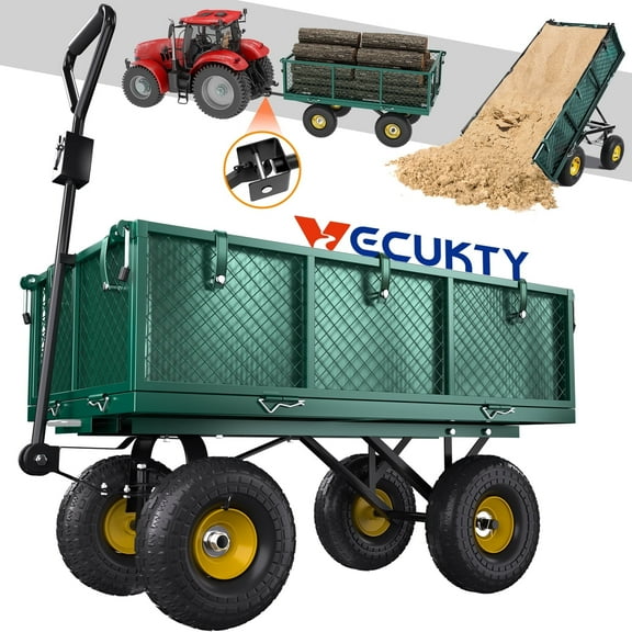 VECUKTY Heavy Duty Steel Dump Garden Cart with Liner, 900lbs Capacity Folding Utility Metal Wagon 3 Cu ft 10" Wheel, Green