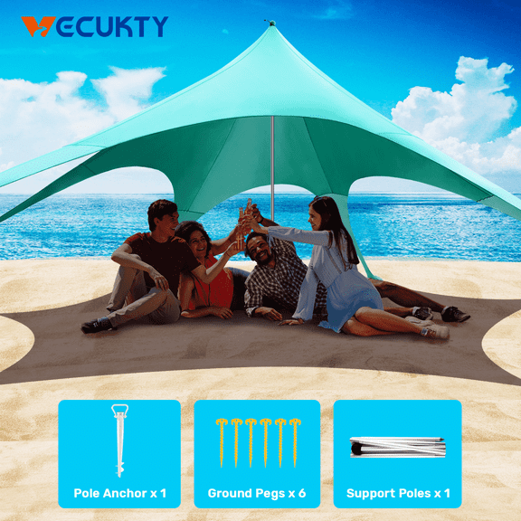 Beach Canopy Tent Sun Shade, VECUKTY 12x12 FT Beach Tent Sun Shelter UPF 50+ UV Protection with Sandbags , 1 Stability Poles and Ground Pegs and Anti-Wind Ropes,Turquoise