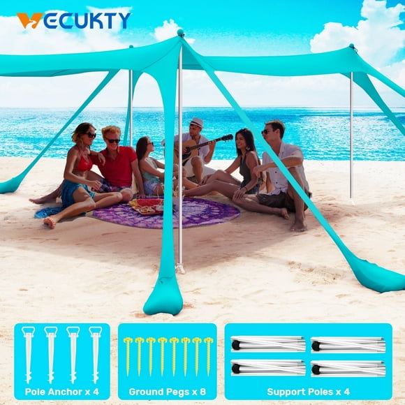 VECUKTY Beach Tent Sun Shelter 10 x 10FT with 8 Sandbags, UPF 50+ Protection Beach Shade Canopy, Outdoor Pop Up Shade Tent Turquoise