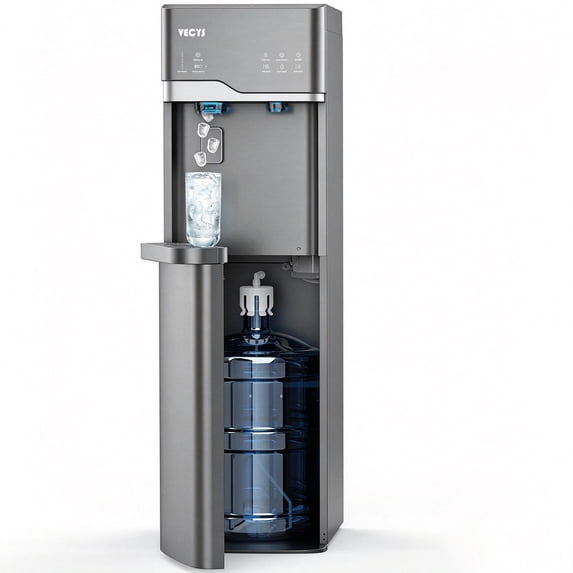 VECYS Bottom Loading Ice Maker Self-Clean Hot Cold Water Dispenser for 5 Gallon Bottle, 22LBS Daily Ice Making, Child Safety Lock, Grey