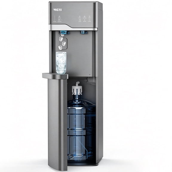 VECYS Bottom Loading Ice Maker Self-Clean Hot Cold Water Dispenser for 5 Gallon Bottle, 22LBS Daily Ice Making, Child Safety Lock, Grey