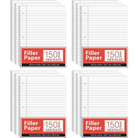VEEBOOST 10.5” x 8” Filler Paper 150-Sheet Wide Ruled Notebook Paper, 24-Pack