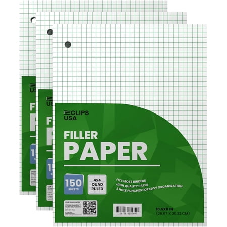 VEEBOOST 150-Sheet Loose Leaf Quad Ruled Graph Paper 56 GSM Graphing Paper, 3-Pack