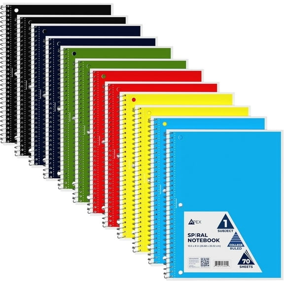 VEEBOOST 70-Sheet College-Ruled Spiral Notebook with Perforated Sheets, 6 Assorted Colors, 12-Pack