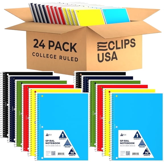 VEEBOOST 70-Sheet College-Ruled Spiral Notebook with Perforated Sheets, 6 Assorted Colors, 24-Pack