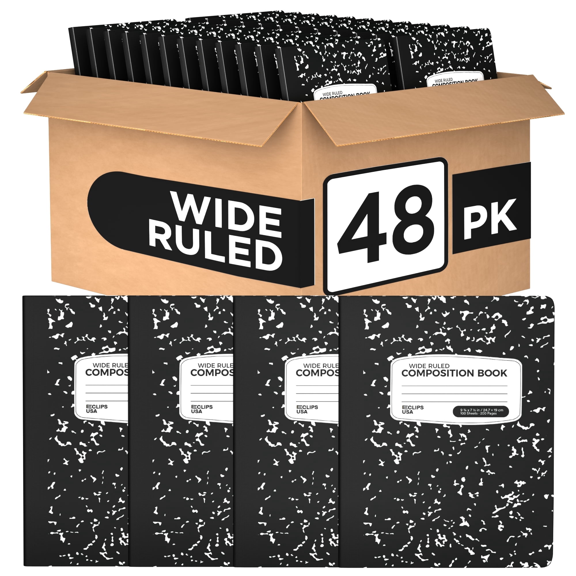 VEEBOOST Wide Ruled Composition Notebooks, Hard Cover Marble, 100 Sheets, 48 Pack