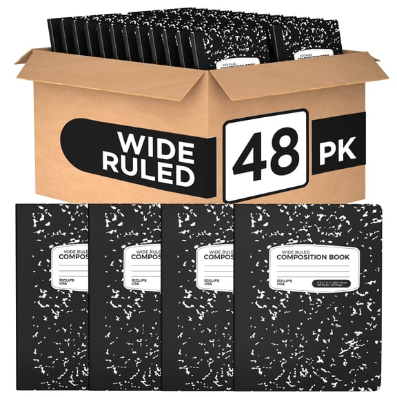 VEEBOOST Wide Ruled Composition Notebooks, Hard Cover Marble, 100 Sheets, 48 Pack