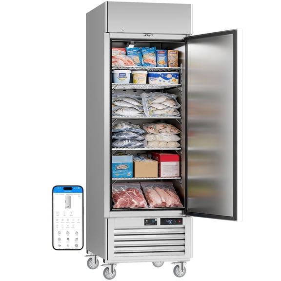VEECOOL 27" WiFi Enabled Commercial Freezer Upright with App Control, 23 cu.ft. Stainless Steel Single Door Reach-in Freezer with 4 Shelves, Right Hinged Door, Auto Defrost, ETL&ETL Sanitation
