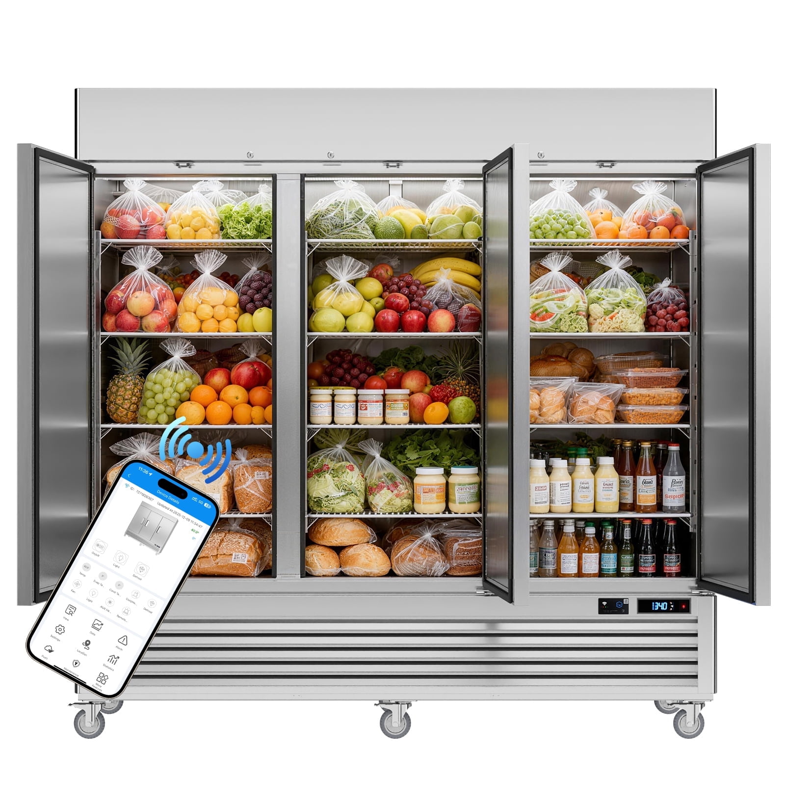 VEECOOL 72 cu.ft Commercial Refrigerator WiFi-Enabled, 82" Two Section Full Door Stainless Steel Reach in Refrigerator, Stainless Steel, App and Digital Control, R290 Refrigerant, ETL&ETL Sanitation