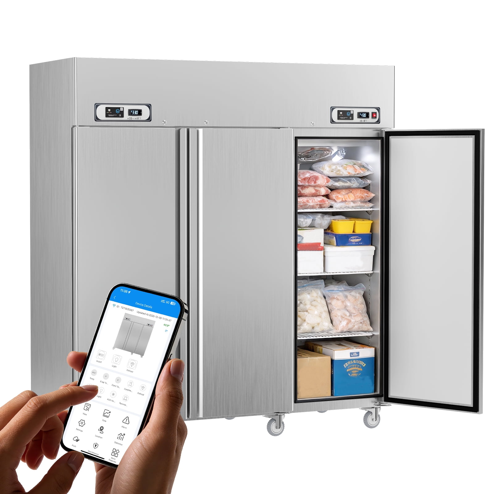 VEECOOL Commercial Refrigerator Freezer Combo WiFi with Smart App Control, 72" 54 Cu.Ft Dual Temperature Upright Freezer, 3 Door 3 Section Stainless Steel Reach in Fridge for Restaurant Church School