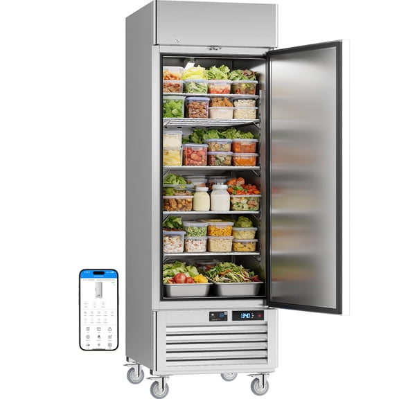 VEECOOL Commercial Refrigerators Upright WiFi Enabled, 27" One Section Solid Door Reach in Refrigerator with Right-Hinged Door, 23 cu.ft. Capacity, Stainless Steel, Fan Cooling, ETL&ETL Sanitation