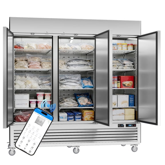 VEECOOL Commercial Upright Freezer WiFi-Enabled with 12 Shelves, 82" Bottom Mounted Solid Door Reach in Freezer, Stainless Steel, Auto Defrost, LED Lighting, Bottom Mounted, ETL&ETL Sanitation