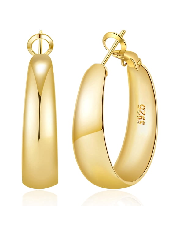 14K Gold Plated Chunky Hoop Earrings for Women, Tapered Thick Gold Hoops Hypoallergenic