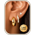 thumbnail image 1 of VEEDOFA 3-Pair Gold Earrings Set for Women, Huggie Hoops & CZ Studs, 14K Gold Plated, 1 of 6