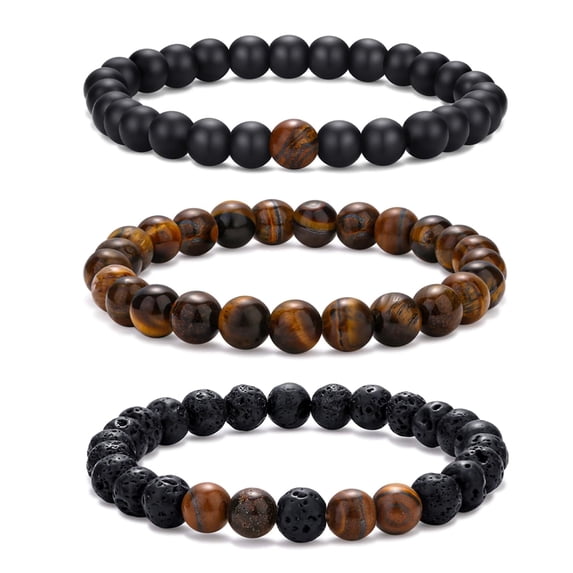 VEEDOFA 3 Pcs Mens Beaded Bracelet Set, Natural Stone Stretch Bracelets Tiger Eye Lava Rock