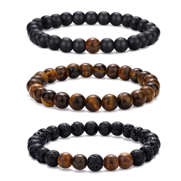 VEEDOFA 3 Pcs Mens Beaded Bracelet Set, Natural Stone Stretch Bracelets Tiger Eye Lava Rock