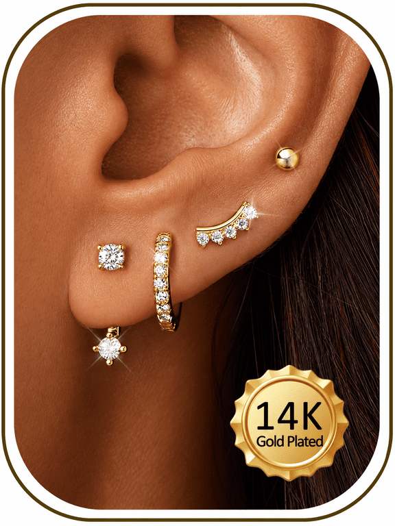 4-Pair Gold Earrings Set for Women, CZ Studs & Huggie Hoops, 14K Gold Plated