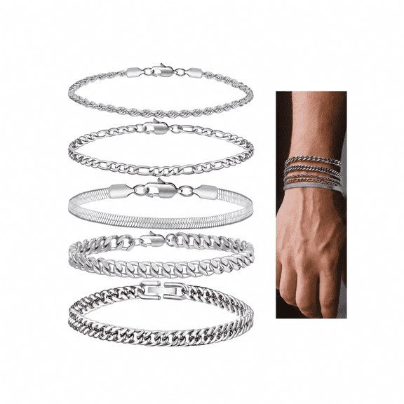 VEEDOFA 5PC Chain Bracelet for Men - Stainless Steel Figaro Rope Cuban Link Set 7.5/8.3/9 Inches Mens Silver Bracelet- Gifts for Dad, Husband, Boyfriend 
