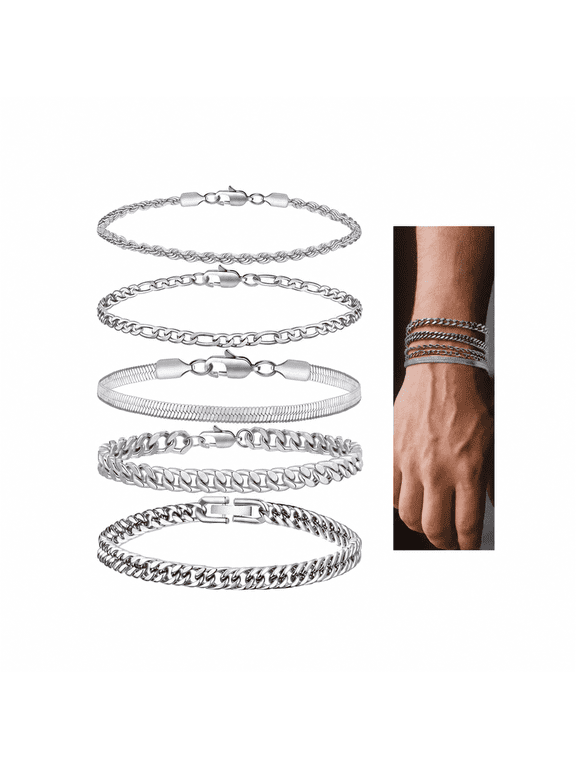 5PC Chain Bracelet for Men - Stainless Steel Figaro Rope Cuban Link Set 7.5/8.3/9 Inches Mens Silver Bracelet- Gifts for Dad, Husband, Boyfriend 