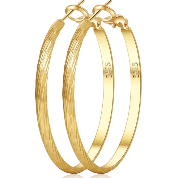 VEEDOFA 14K Gold Plated Flat Hoop Earrings for Women, 925 Sterling Silver Post Chunky Gold Hoops, Hypoallergenic Lightweight Latch Back Earrings with Gift Box