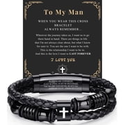 VEEDOFA Men's Braided Leather Cross Bracelet, Adjustable Christian Jewelry Gift