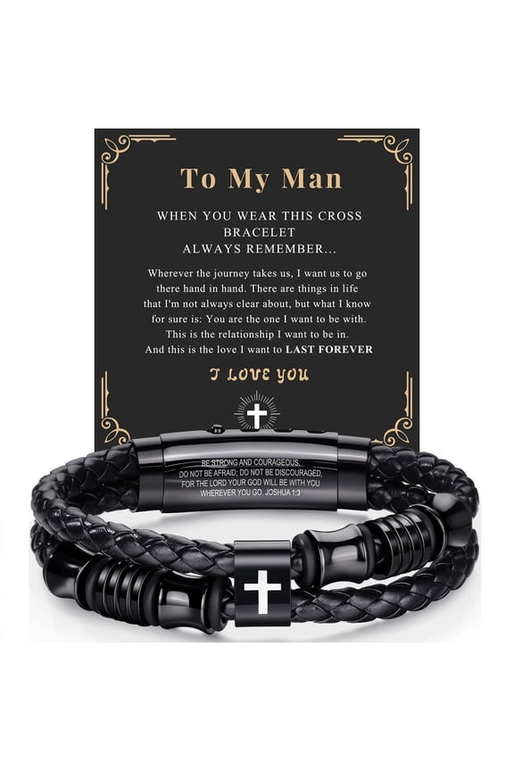 Men's Braided Leather Cross Bracelet, Adjustable Christian Jewelry Gift