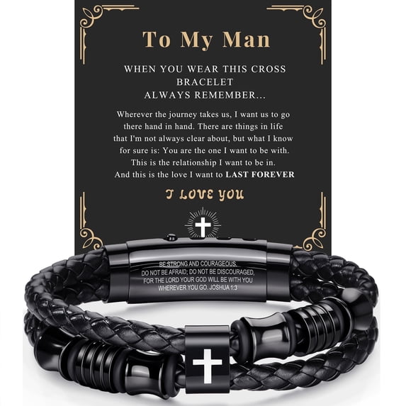 VEEDOFA Men's Braided Leather Cross Bracelet, Adjustable Christian Jewelry Gift