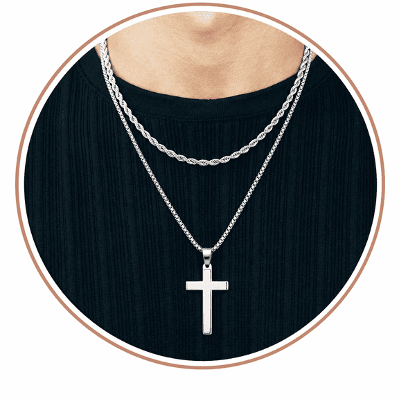 VEEDOFA Men's Silver Cross Necklace, 316L Stainless Steel Chain, Hypoallergenic Nickel-Free Religious Christian Jewelry, Birthday Gifts for Men
