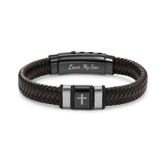 VEEDOFA Men's Triple Braided Leather Bracelet, Engraved "Love My Son", Birthday Graduation Gift for Him