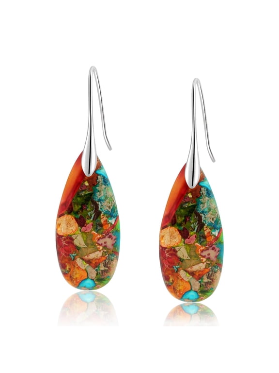 Natural Stone Dangle Earrings for Women, 18K White Gold Plated Drop Earrings, 2 Inch Jewelry Gift