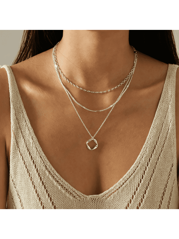 Silver Necklaces for Women, 3-Piece Stackable 925 Sterling Silver Pendant Necklace Set, Adjustable, Hypoallergenic