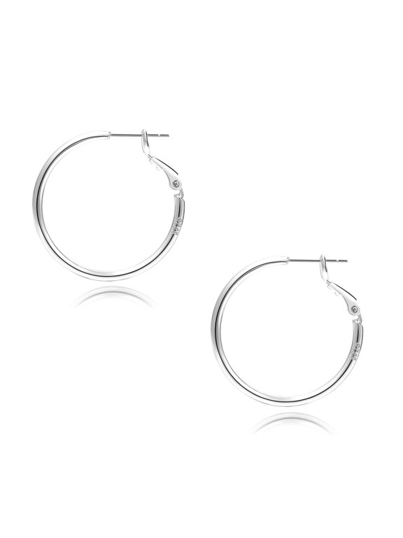 Silver Plated Hoop Earrings for Women, Lightweight 2mm Thin Large Hoops with 925 Sterling Silver Posts, 30mm