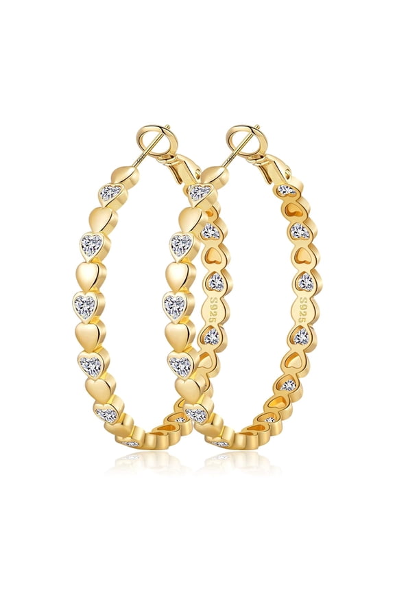 Women's 14K Gold Plated 925 Silver Heart CZ Hoop Earrings, Hypoallergenic Sparkly Jewelry Gift