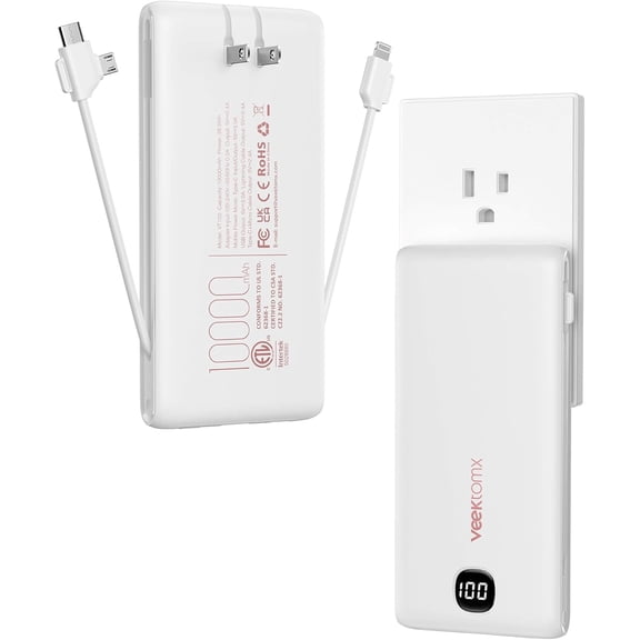 VEEKTOMX Portable Charger with Built in Cables 10000mAh, Power Bank for iPhone with Wall Plug, Travel Essential Fast Charging Slim USB C External Battery Pack for iPhone 17/16/15, Samsung, iPad, etc