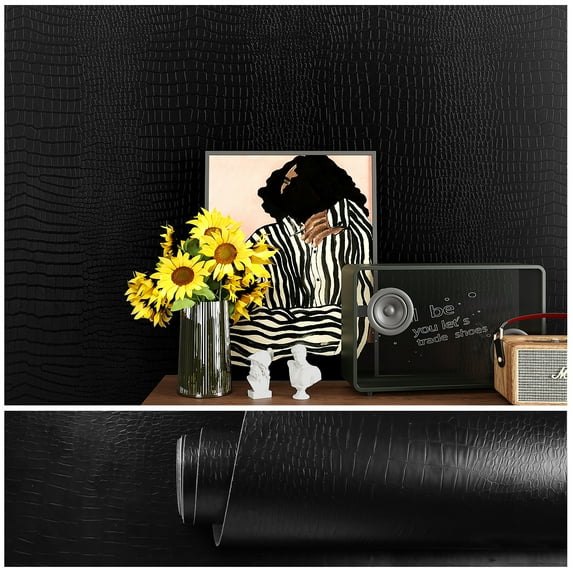 VEELIKE 15.7''x118.1'' Black Peel and Stick Wallpaper Faux Crocodile Textured Wallpaper for Bedroom Waterproof Removable Self Adhesive Faux Leather Contact Paper for Walls Cabinet Liners Bathroom