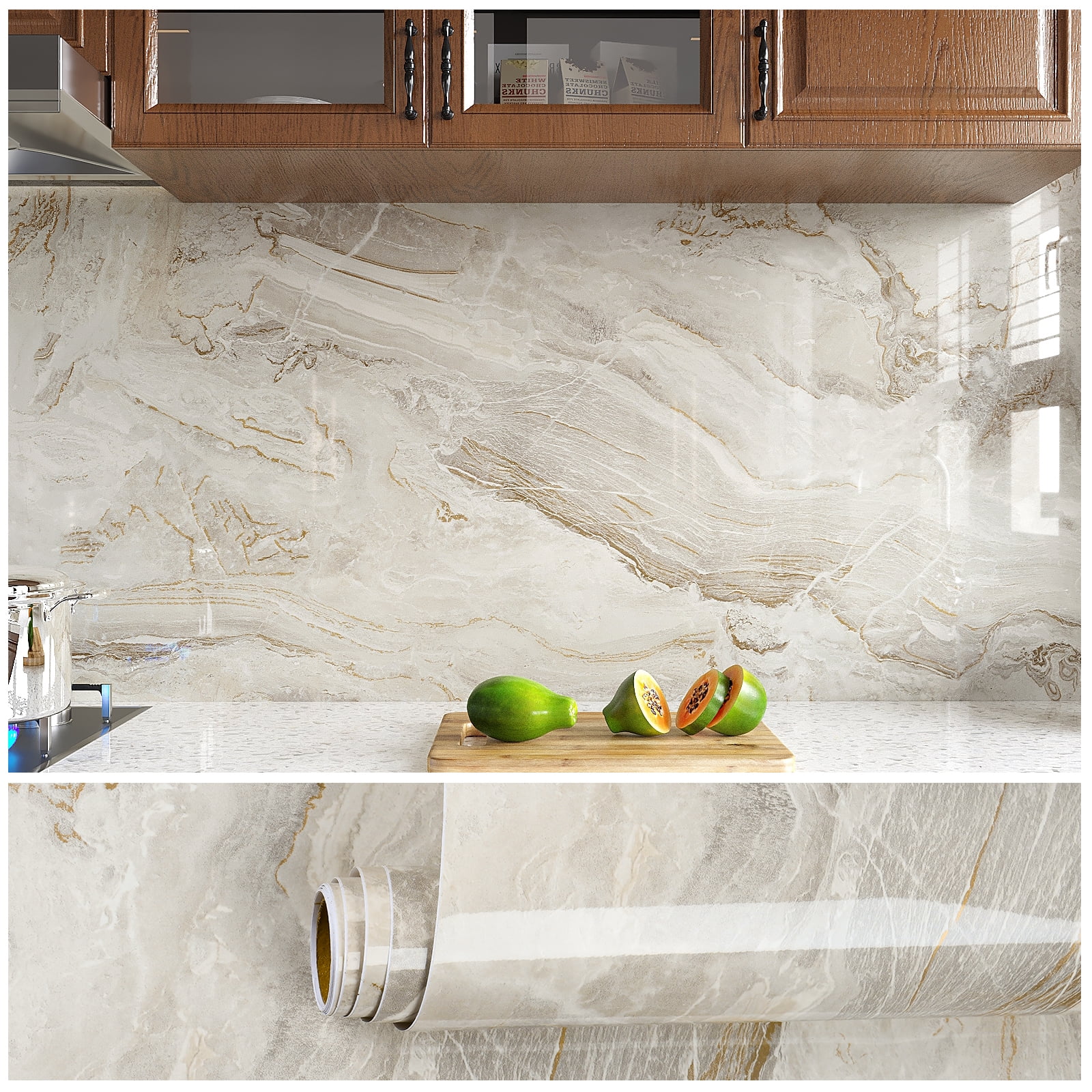 VEELIKE 15.7''x118'' Beige Gold Liquid Marble Contact Paper for Countertops Peel and Stick Waterproof Kitchen Countertop Paper Self Adhesive Marble Wallpaper Vinyl Roll for Bathroom Bedroom Table Wall